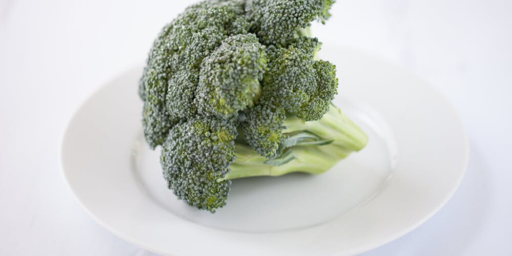 A bushel of raw broccoli on a white plate