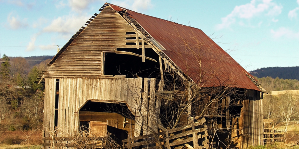 A old barn in a late winter evening