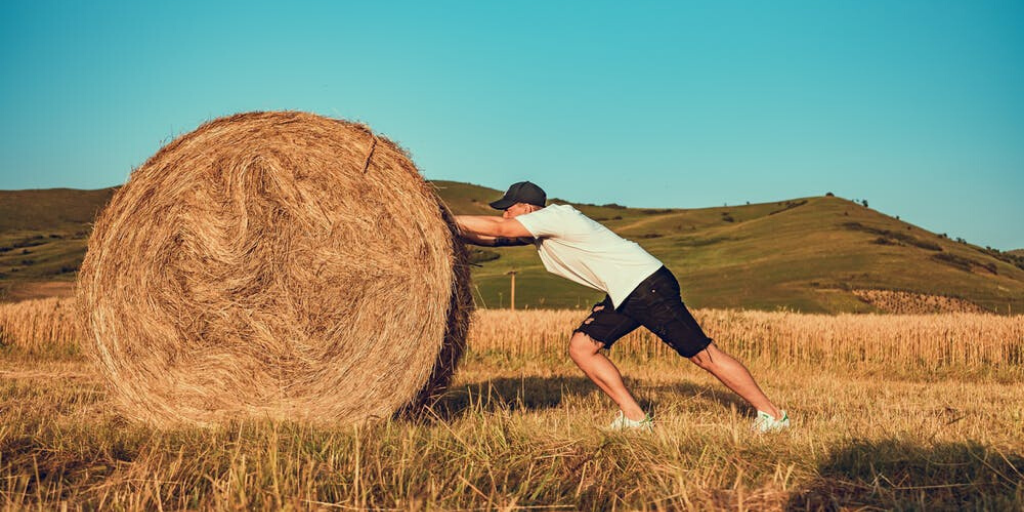 A man pushes a bale of hay on a farm