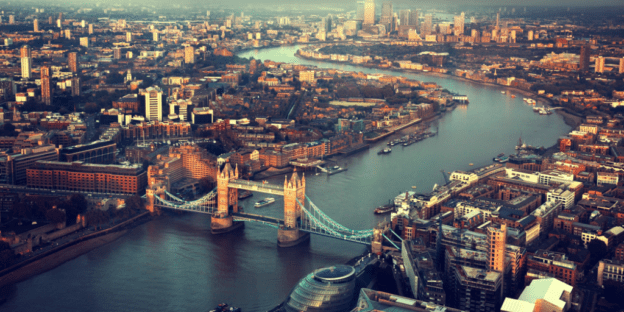 Aerial view of the Thames River running through central London