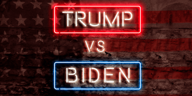 An illustration of a neon election sign featuring Trump and Biden names.