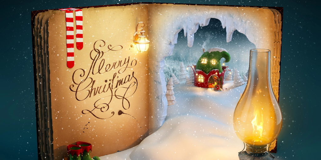 A magical book with snowy scenes and a lamp