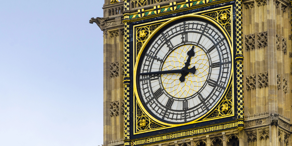 A close-up view of the clock at Big Ben in London