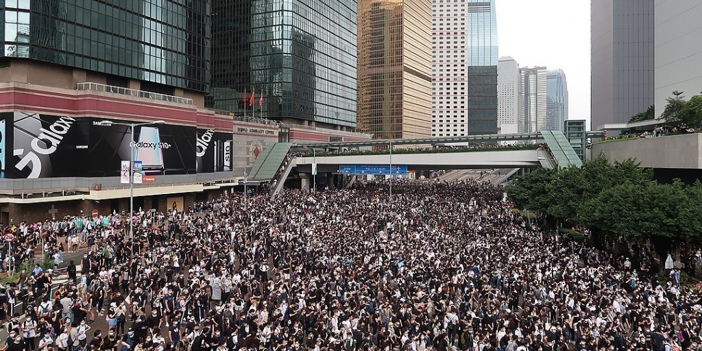 Crowds fill a street in Hong Kong as part of widespread protests