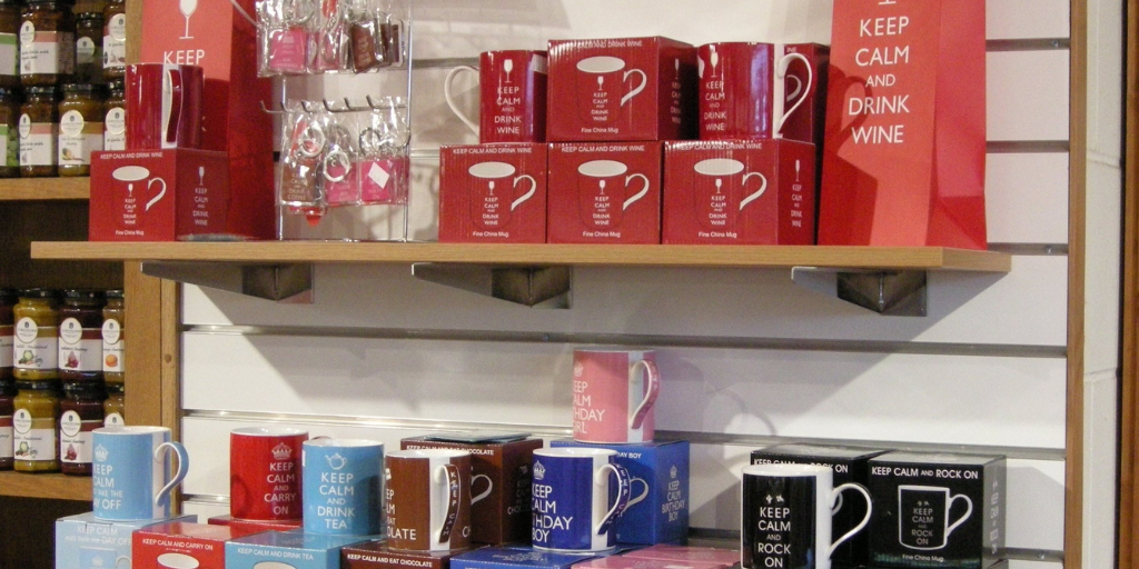 Merchandise with the slogan 'Keep calm and carry on' and variations