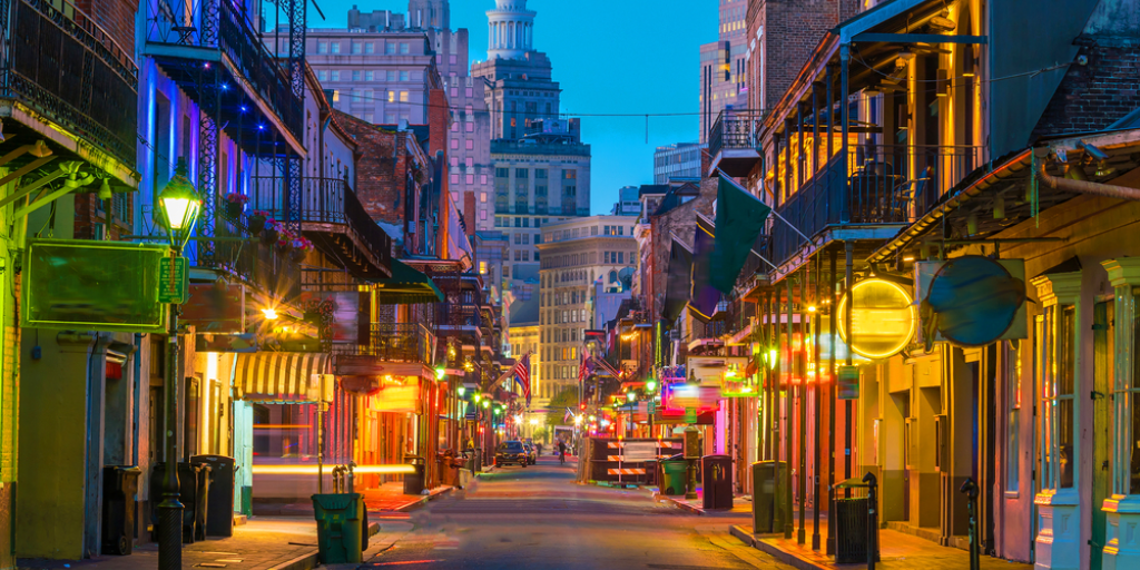 The French Quarter of New Orleans at night.