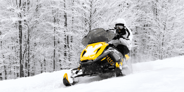 A man rides a snowmobile in the forest