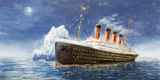 A painting shows the Titanic and an iceberg