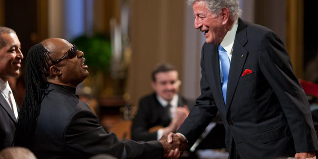 Tony Bennett greets Stevie Wonder at the White House in 2009.